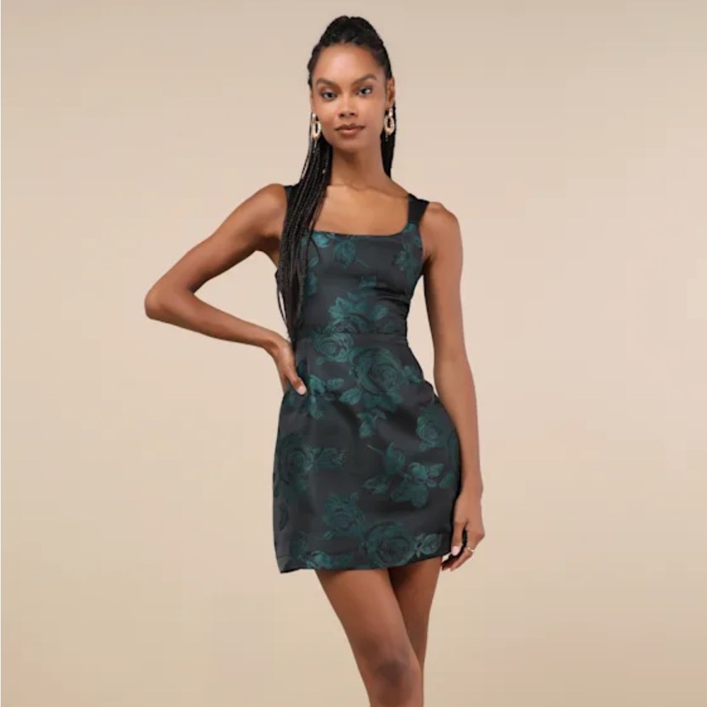 Lulus Brighter Side Black and Green Floral Satin Jacquard Mini Dress XS